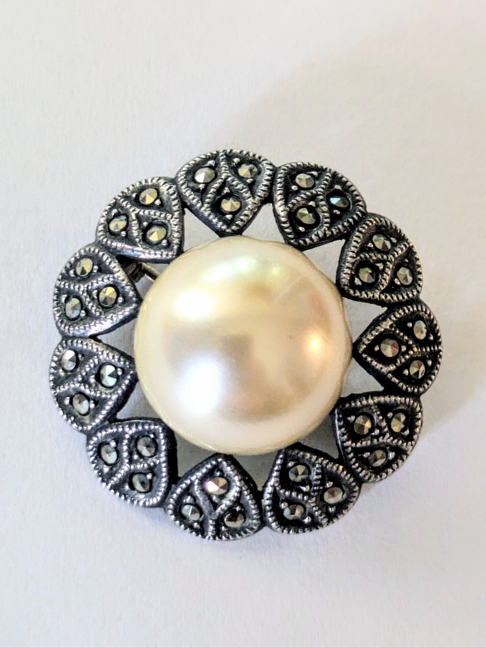 Sterling Silver Marcasite Ivory Faux Pearl Vintage Brooch Pin 1.2"